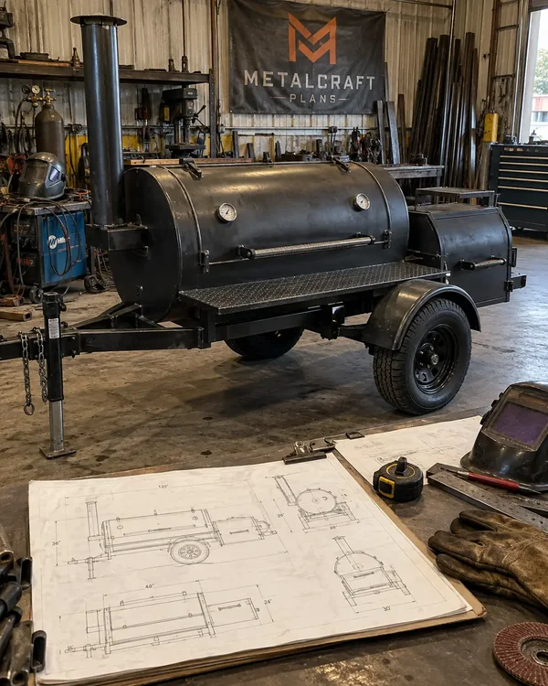 Smoker aus Stahl auf Anhänger mit Bauplan