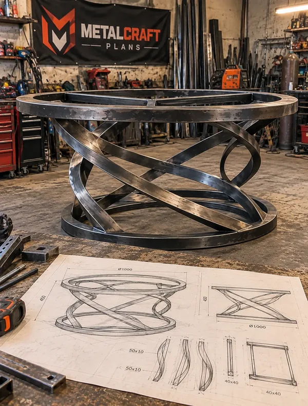 Spiralförmiges Tischgestell aus Stahl mit Bauplan