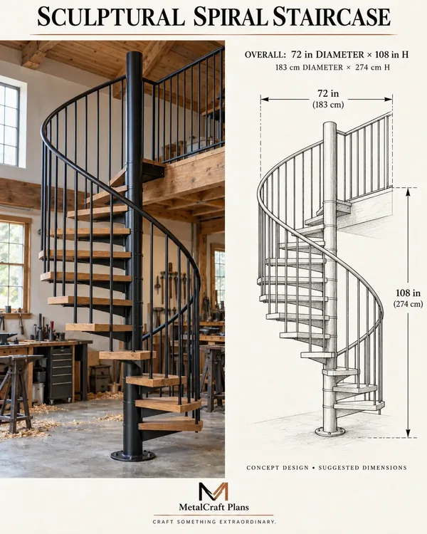 Stahl-Wendeltreppe mit technischer Zeichnung