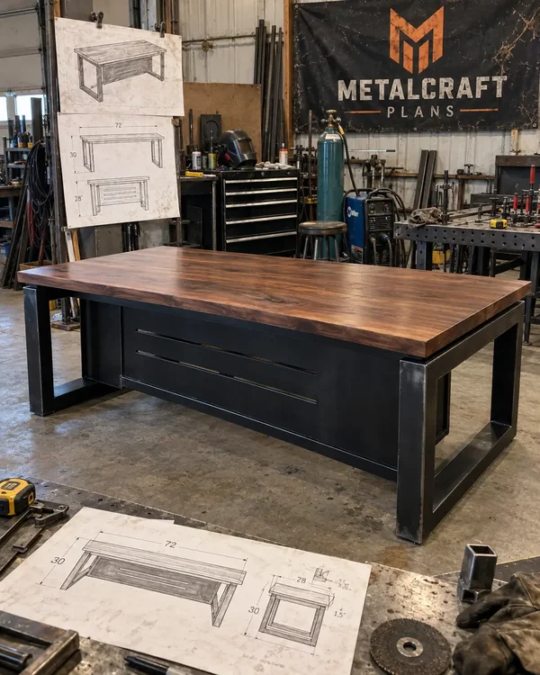 Werkbank aus Stahl und Holz mit Bauplan
