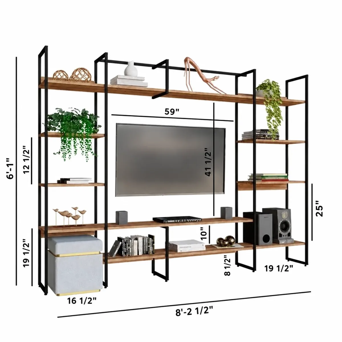 Industrial steel and wood TV shelving unit, 8'-2 1/2" wide